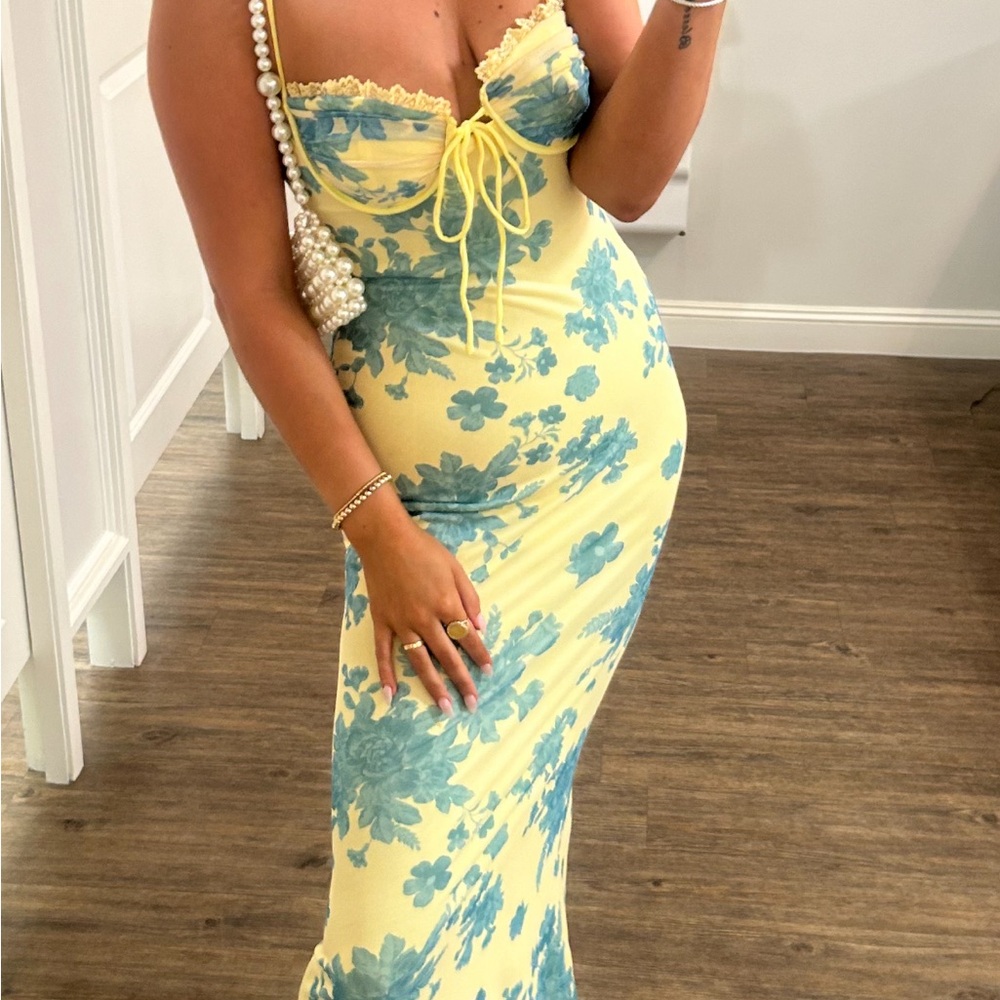 Floral Yellow and Blue Strapless Dress
